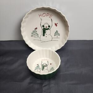 Nantucket Christmas Green Pie & Dip Stoneware HOPE Snowmen Matching 2 pc. Set